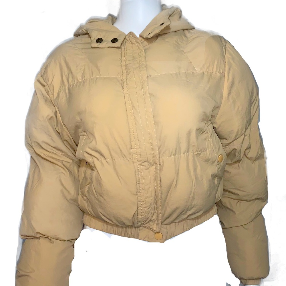 ANWND Puffer Cropped Hooded Coat Zip Up Waterproof Down Jacket With Pockets Tan